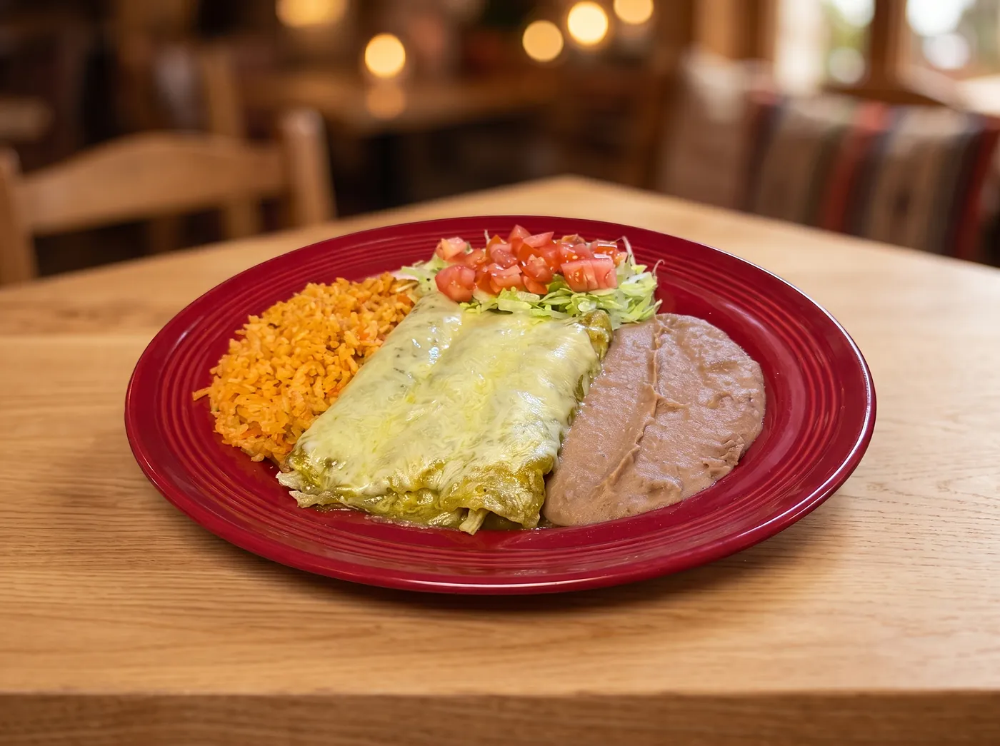 Enchiladas verdes under melted cheese with Mexican rice, refried beans and fresh garnish