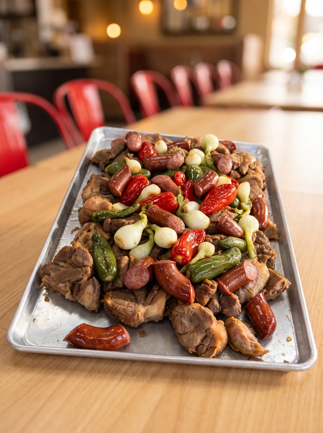 Catering tray of slow-cooked pork and grilled vegetables on a café table