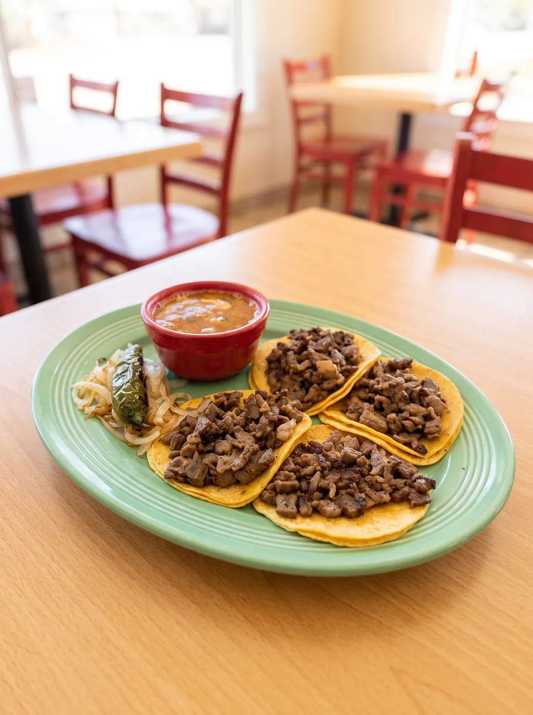 Four beef tacos on corn tortillas with grilled onions, a roasted jalapeño and a bowl of charro beans